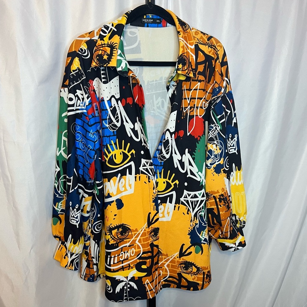 Shein Curve Graffiti Print Button Front Shirt, Si… - image 1
